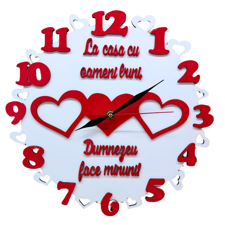 Ceas de perete decorativ din lemn 2 straturi -La casa cu oameni buni, Dumnezeu face minuni! 40 cm, cu mecanism, baterie 1xAA, rosu+alb