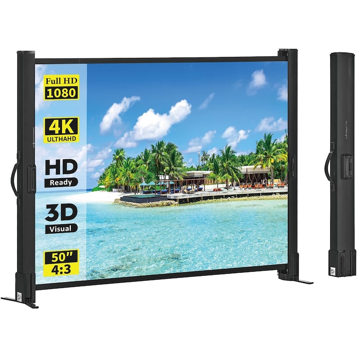 Execelimage-TT50V 50 инчов прожекционен екран със стойка, 4:3, преносим, лесен за инсталиране и пренасяне, разширяем, идеален за филми на закрито и на открито, градинско парти, магазин