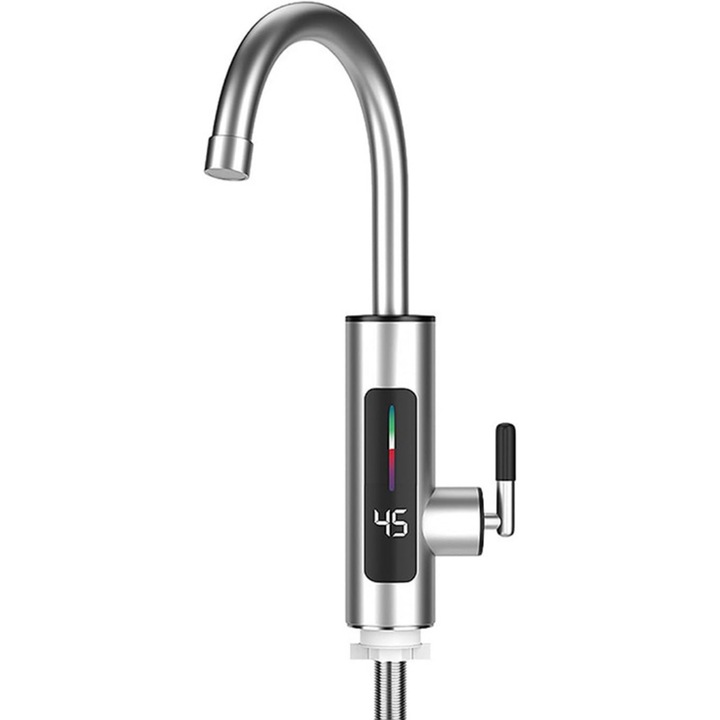 Lemaro® elektromos átfolyós vízmelegítő csaptelep, kijelzővel, 360 fokos elforgatással, 3000 W teljesítménnyel, ezüst