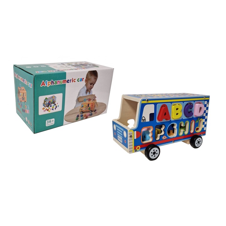 Autobuz scolar din lemn cu sortator de litere, tip Montessori, alfabet - School Bus