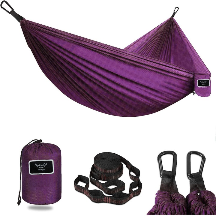 Hamac hikerjoy varianta PRO, din material ripstop 70 denier textura rombica, ultra usor, ultra portabil, excelent pentru camping, outdoor, backpacking, aventura 270x150 cm, doua curele de prindere si doua carabine incluse, mov