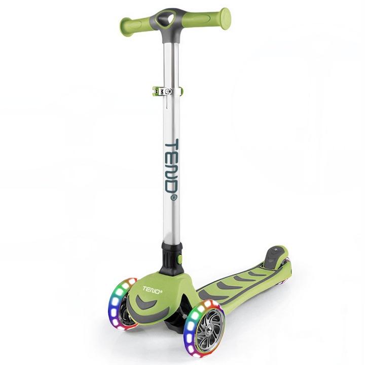 Trotineta pentru Copii cu Lumini Teno®, 3 roti, pliabila, anti-aluncare, inaltime ajustabila, stabila, frana, incorporata, 3-11 ani, verde