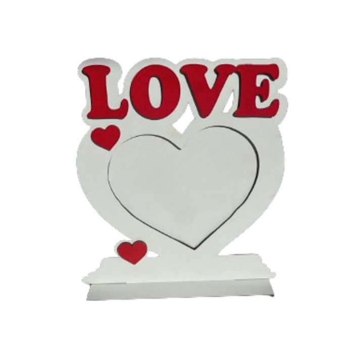 Rama foto in forma de inima, mesajul LOVE, lemn alb, 22 cm, ArtemisGift