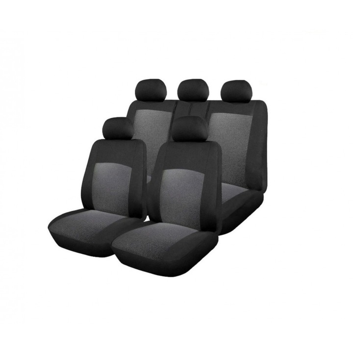 Комплект калъфи за седалки за кола, Универсални, Предно-задни, 12 части, Жакард, Черен/Сив