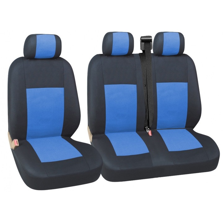 Комплект калъфи за седалки за кола, Универсални, Предни 2+1, 7 части, Текстил, Черен/Син