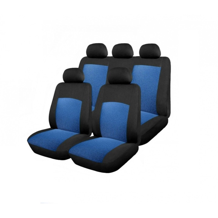 Комплект калъфи за седалки за кола, Универсални, Предно-задни, 12 части, Жакард, Черен/Син