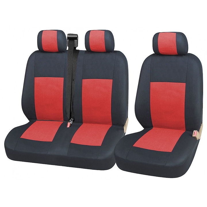 Комплект калъфи за седалки за кола, Универсални, Предни 2+1, 7 части, Текстил, Черен/Червен