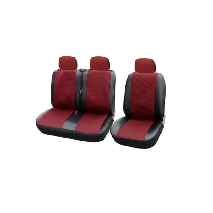 Комплект калъфи за предни седалки 2+1, цвят черно с червено, екологична кожа с текстил, 7 броя