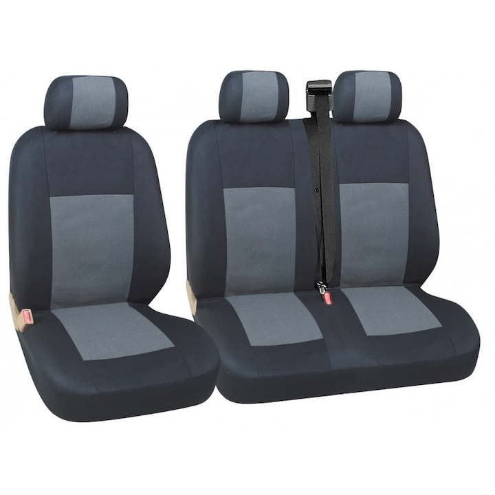 Комплект калъфи за седалки за кола, Универсални, Предни 2+1, 7 части, Текстил, Черен/Сив