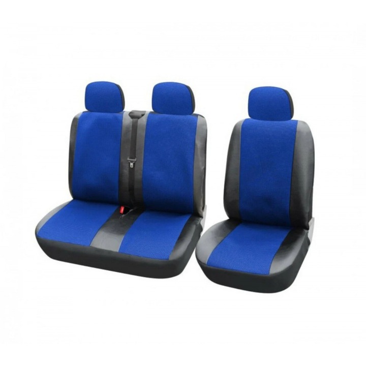 Комплект калъфи за предни седалки 2+1, цвят черно и синьо, екологична кожа с текстил