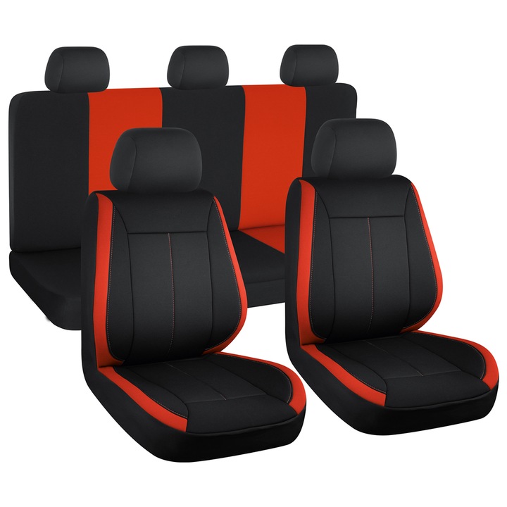 Set huse scaune auto SMARTIC®, Vision, 11 piese, universal, compatibile cu airbag, usor de curatat, material textil respirabil, rosu