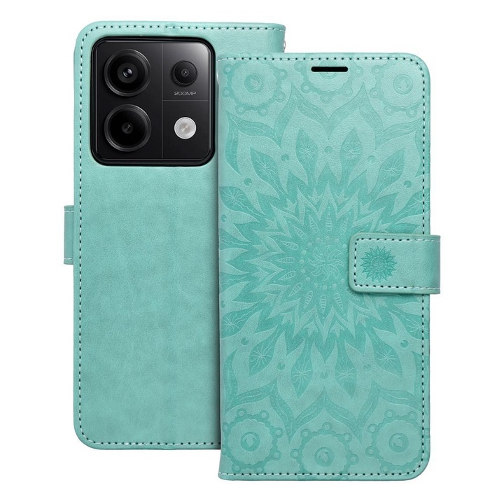 Xiaomi Redmi Note 13 Pro 5G könyvtok, fliptok, telefon tok, bankkártyatartós, mágneszáras, mandala mintás, zöld, Forcell Mezzo