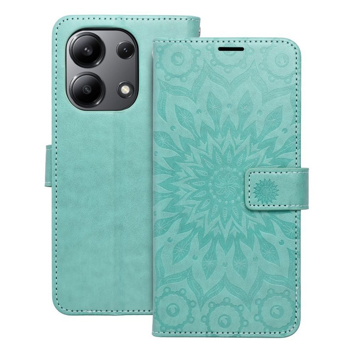 Xiaomi Redmi Note 13 4G kompatibilis könyvtok, bankkártyatartós, mágneszáras, mandala mintás, zöld, Forcell Mezzo