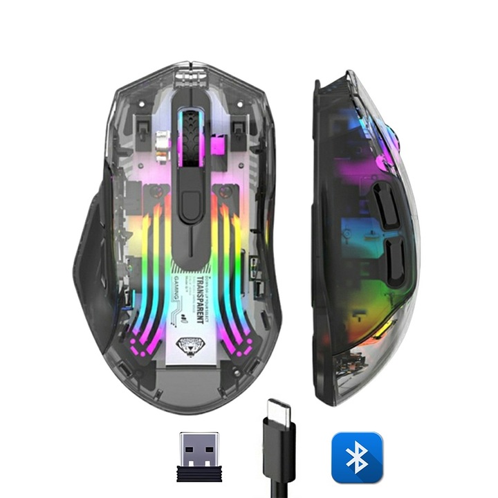Геймърска мишка Fbirddek® Q19, Безжична/Bluetooth/Кабелна 3 режима на свързване, 7 бутона, Безшумна, RGB Led, USB-C, Ергономична, Регулируеми 3600 DPI, Универсална, Черна/Прозрачна