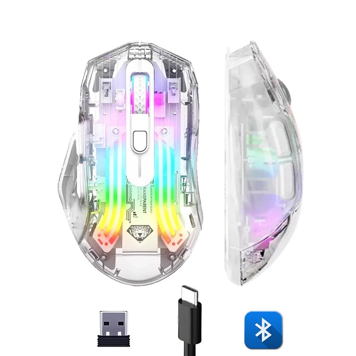 Геймърска мишка Fbirddek® Q19, Безжична/Bluetooth/Кабелна 3 режима на свързване, 7 бутона, Безшумна, RGB Led, USB-C, Ергономична, Регулируеми 3600 DPI, Универсална, Бяла/Прозрачна