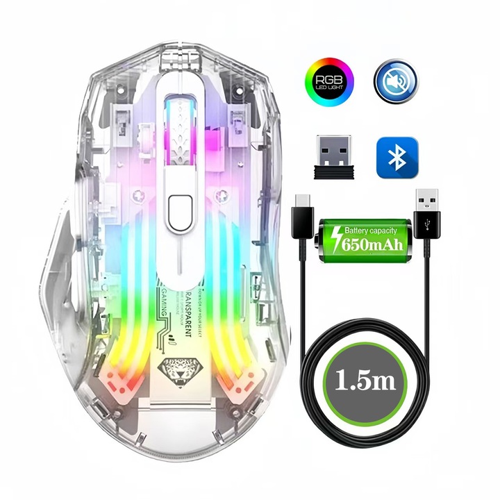 Fbirddek® Q19 gamer egér, vezeték nélküli/Bluetooth/vezetékes 3 csatlakozási mód, 7 gomb, csendes, RGB Led, USB-C, ergonómikus, állítható 3600 DPI, univerzális, fehér/átlátszó