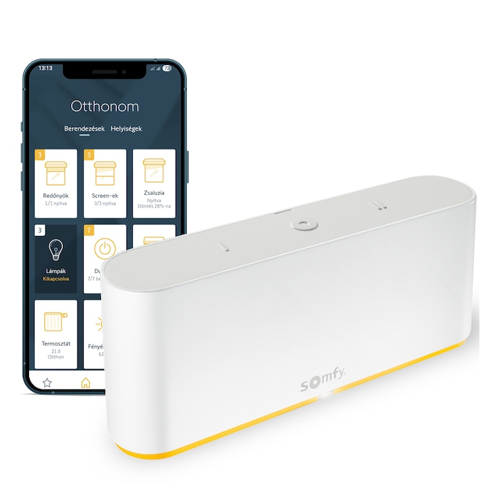 Somfy TaHoma® switch okosközpont, io-homecontrol, RTS & Zigbee 3.0 kompatibilitás, hangvezérlés a Google Assistant-al, Amazon Alexa-val és az Apple HomeKit-el