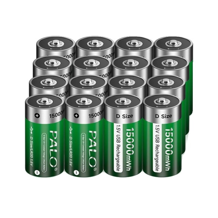 Set 16 újratölthető PALO akkumulátor, Li-Ion, 15000mWh, USB, D