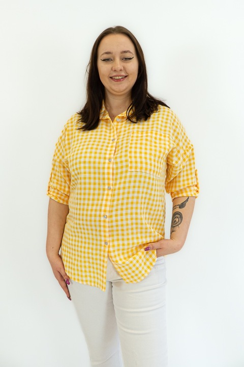 Női ing, sárga kockás, 3/4 ujjú, One Size INTL, poliészter/viszkóz