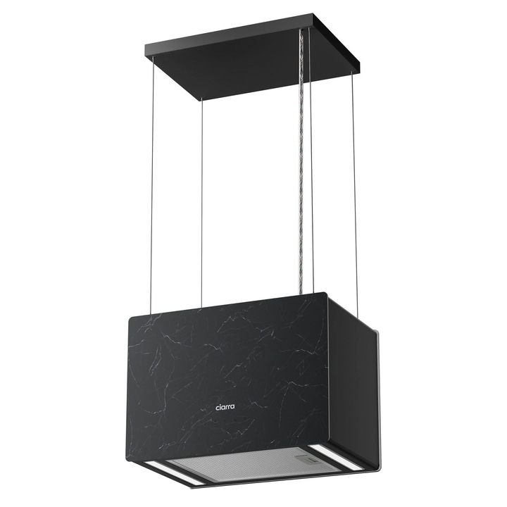Островен аспиратор Ciarra, Pinnacle Glass Smart, 48 cm, 700 m³/h, 4 нива на мощност, сензор за докосване, управление чрез приложение, въглероден филтър, пречистване и рециркулация на въздуха, UV светлина, стъклен панел с мраморно покритие, черен