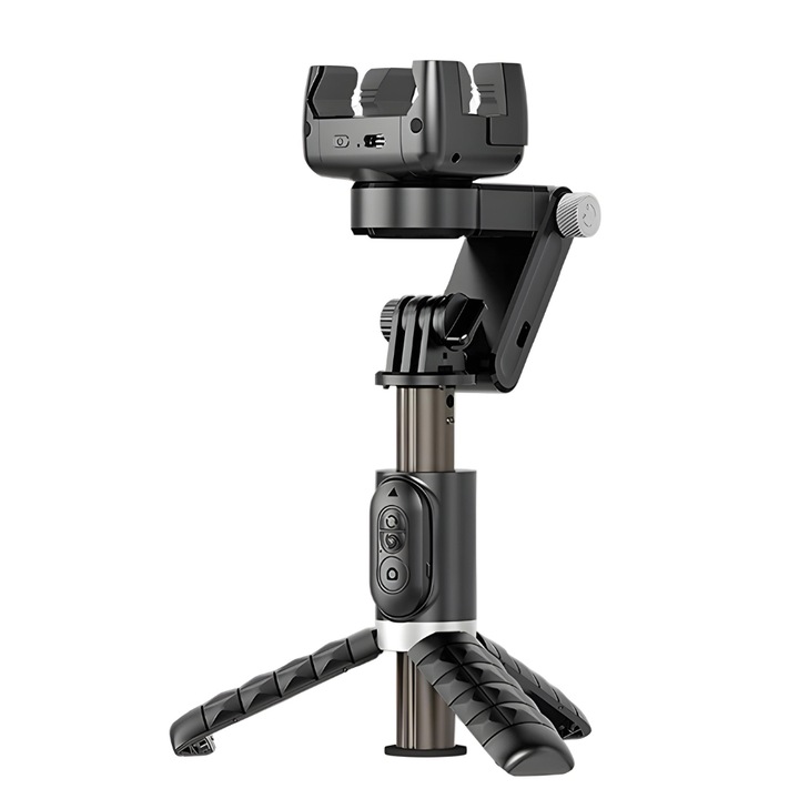 Er-Tech® Phone Tripod Selfie Stick, въртене на 360º, Gimbal стабилизатор, безжично дистанционно управление, проследяване на лица, светкавица, универсална, черна