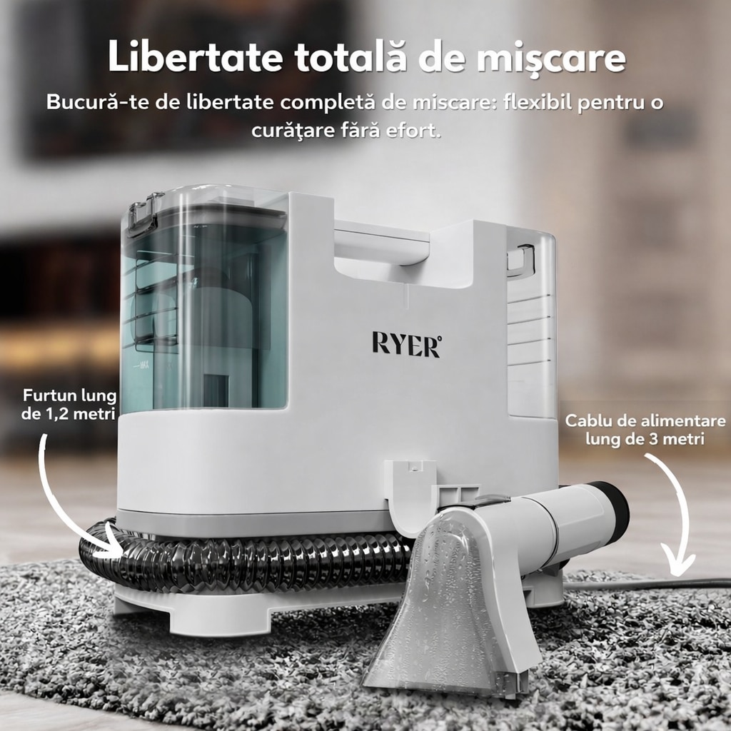 Aspirator profesional cu spalare Ryer Carpet Cleaner Injectie-Extractie, Curatator de pete textile, saltele, covoare, tapiterii, mocheta, podele