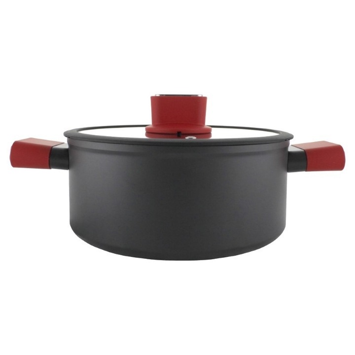 Cratita, aluminiu, non-stick, neagra, cu capac de sticla si manere invelite in silicon rosu, 5L, 25 cm