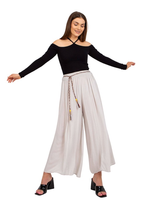 Бежов летен панталон Och Bella с висока талия с широки и ефирни крачоли, Бежов, M