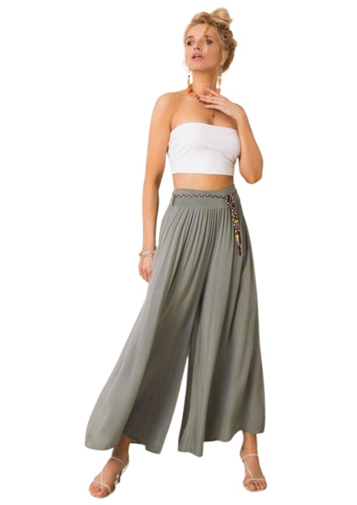 Pantaloni fusta cu talie inalta pentru femei Och Bella khaki pantaloni de vara cu picioare largi si aerisite M