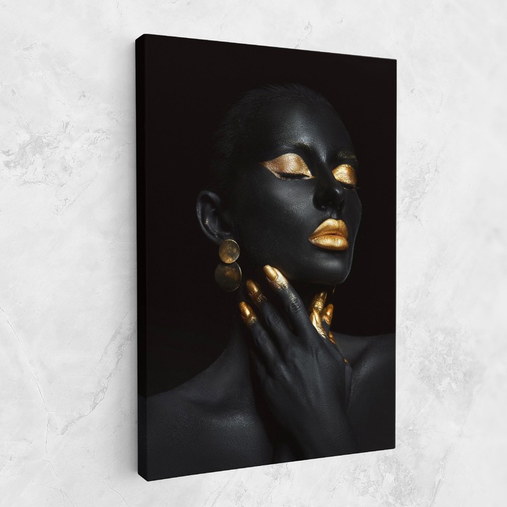 Tablou Canvas, 50x70 cm, Dormitor si Living, Femei, Black And Gold, Eyelids Gold Makeup