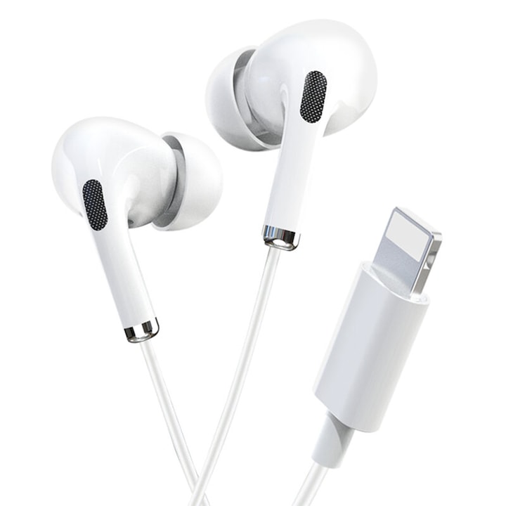 Casti audio cu fir In-Ear, Stereo, YH34, conector compatibil Apple, Heavy Bass, microfon si butoane control volum si apeluri, 1.2m lungime cablu, Alb