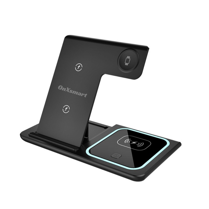 OnXsmart® vezeték nélküli töltő, 3 az 1-ben töltőállomás, QI gyorstöltés 15 W, UNIVERZÁLIS, Adapter mellékelve, Kompatibilis: SAMSUNG, IPHONE, APPLE WATCH, AIRPODS, Fekete