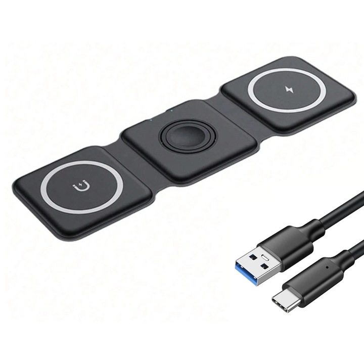 Incarcator Wireless 3 in 1, 15W Pliabil, Compatibil cu Iphone, Apple Watch, Airpods, Negru