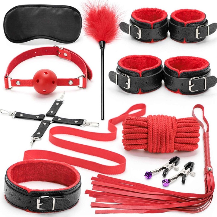 Set BDSM Fetish Fever, 10 piese, rosu/negru