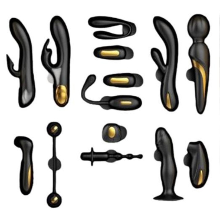 Комплект аксесоари, Pretty Love BDSM, Златист/черен комплект за двойка, 12 части, черен, 472x446x116 mm