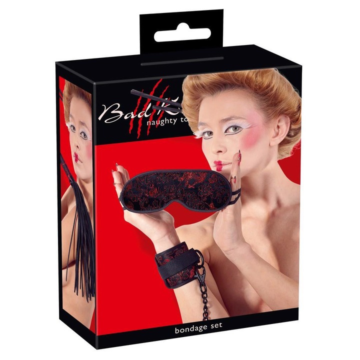 Set BDSM, Set 3 piese, Satin, Negru, Masca, Catuse, 38cm