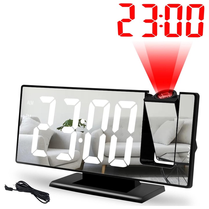 Ceas Stil Oglinda cu LED si Proiectie, ZUNSEAT cu proiectie, ecran LED oglinda 7.8", 4 niveluri de luminozitate, Display Mare, Calitate Premium, Rotire proiectie la 180°, negr