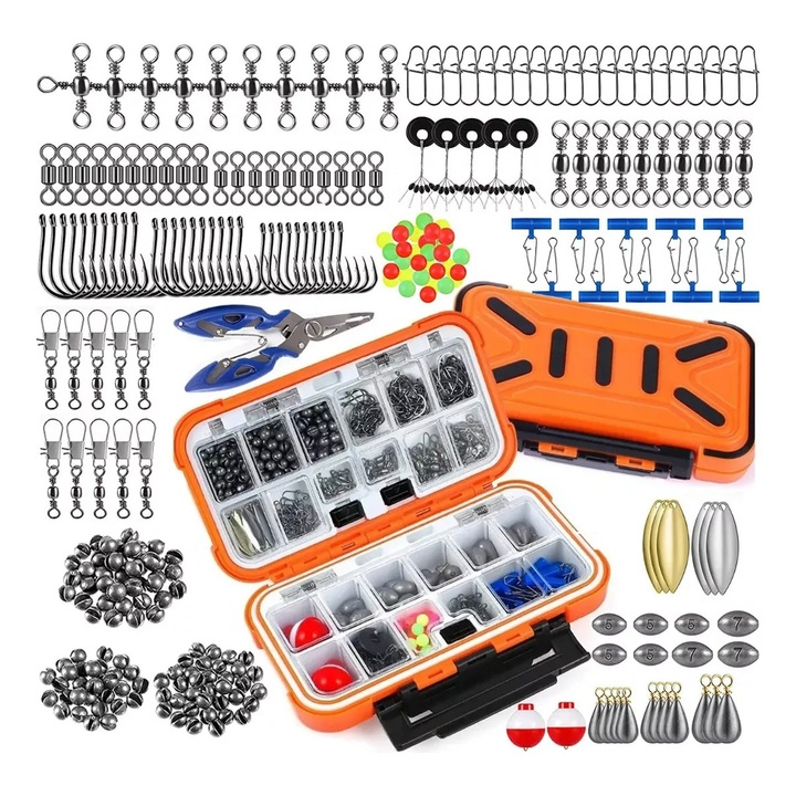 Set Accesorii Monturi Pescuit, 255 Piese, ABS si Otel Carbon, Cutie Impermeabila, Multicolor, 16x9x4.5cm