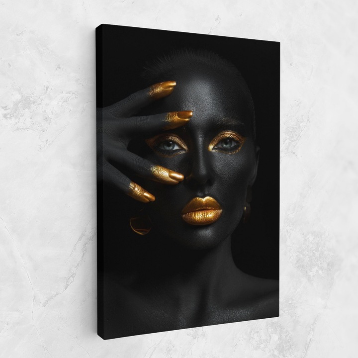 Tablou Canvas, 40x60 cm, Dormitor Si Living, Femei, Black And Gold, Gold Makeup Nails