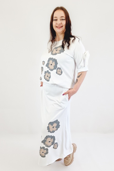 Set femei, bluza si fusta maxi cu motive florale, viscoza/poliamida, alb, One Size INTL