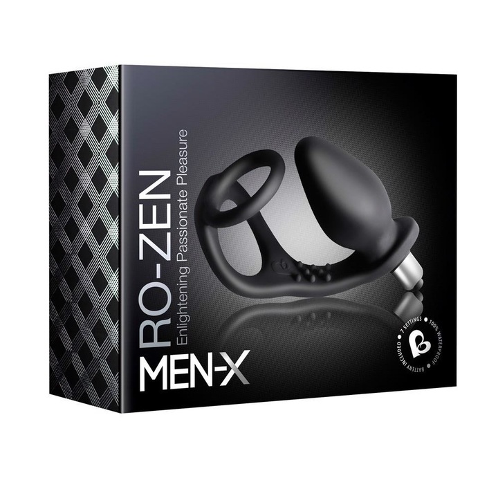 Inel Dublu cu Vibrator Anal, Rocks Off, Silicon, Rezistent la Apa, Negru, 14cm