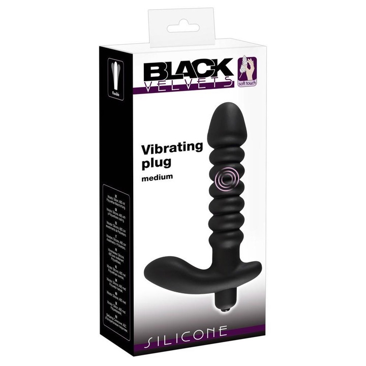 Black Velvets vibrátor és anális dugó, stimuláló ággal, szilikon, műanyag, fekete, 17 cm, 2,7-3,1 cm