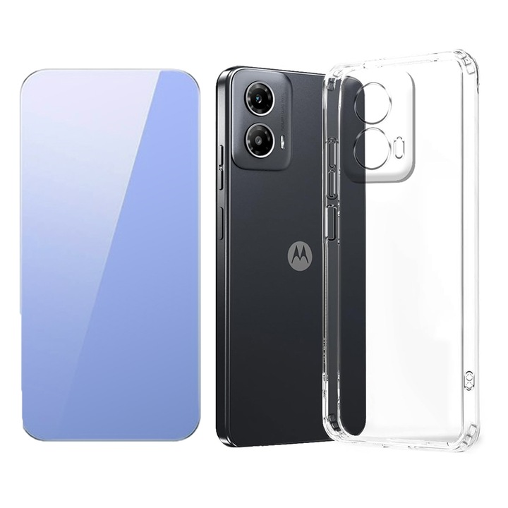 2.5D Secure Glass Fólia készlet, Crystal Clean, Full HD Clarity és TPU High Clear 2,0 mm-es tok Motorola Moto G34-hez, OPTIM MEGOLDÁS, Gyémánt kialakítás, Könnyű lökhárítótok, Egyedülálló, tartós sárgásgátló technológia, átlátszó