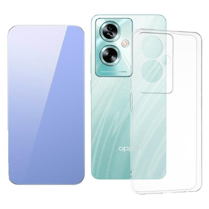 2.5D Secure Glass Fólia készlet, Crystal Clean, Full HD Clarity és TPU High Clear 2,0 mm-es tok Oppo A79-hez, OPTIM MEGOLDÁS, Gyémánt kialakítás, Könnyű lökhárítótok, Egyedülálló, tartós sárgásgátló technológia, átlátszó