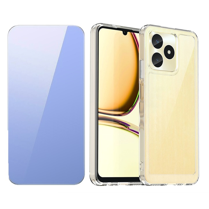 2,5D Secure Glass Fólia készlet, Crystal Clean, Full HD Clarity és TPU High Clear 2,0 mm-es tok Realme C51-hez, OPTIM MEGOLDÁS, Gyémánt kialakítás, Könnyű lökhárítótok, Egyedülálló, tartós sárgásgátló technológia, átlátszó