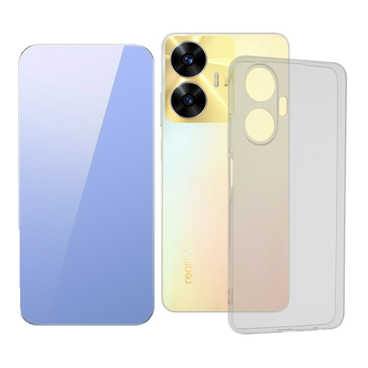 2.5D Secure Glass Fólia készlet, Crystal Clean, Full HD Clarity és TPU High Clear 2,0 mm-es tok Realme C55-höz, OPTIM MEGOLDÁS, Gyémánt kialakítás, Könnyű lökhárítótok, Egyedülálló, tartós sárgásgátló technológia, átlátszó