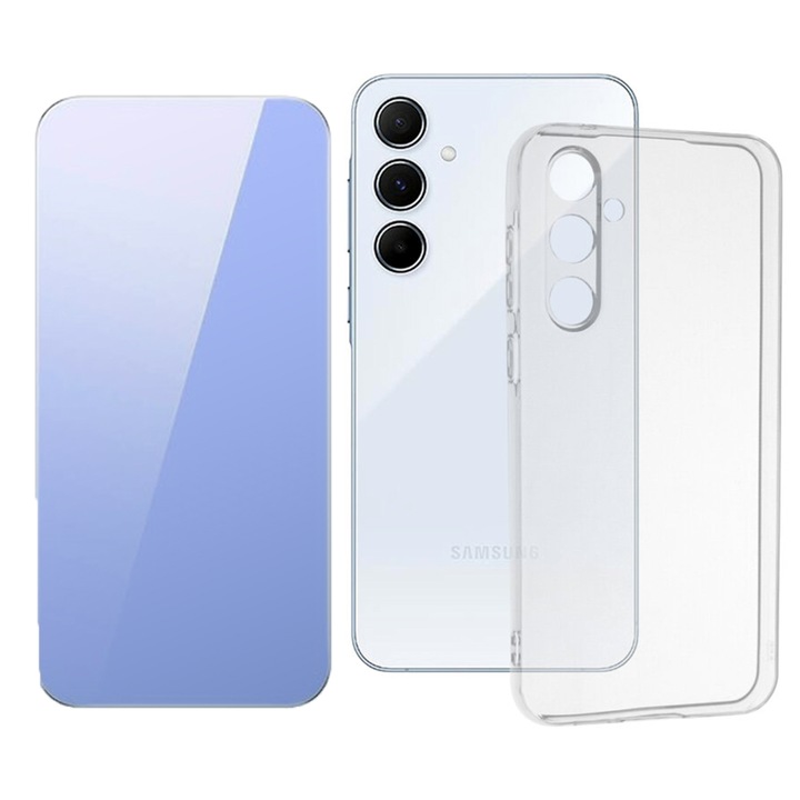 2.5D Secure Glass Fólia készlet, Crystal Clean, Full HD Clarity és TPU High Clear 2,0 mm-es tok Samsung Galaxy A55-höz, Optim Solution, Gyémánt kialakítás, Könnyű lökhárító tok, Egyedülálló tartós sárgulásgátló technológia, átlátszó