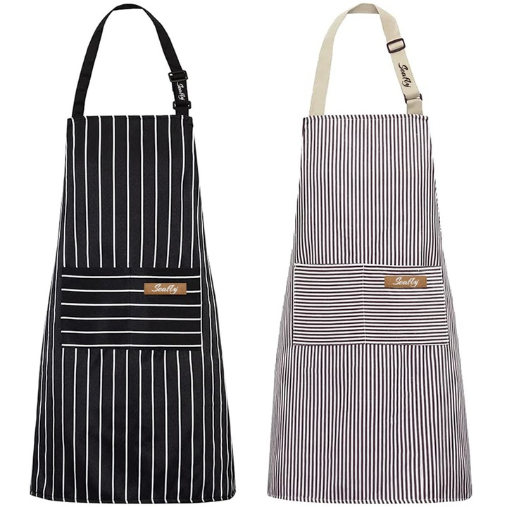 Set 2 Sorturi Bucatarie, Seafly®, Sort de bucatar Professional, Curea de gat Reglabil, Cu 2 buzunare, Pentru barbati si femei, prindere la spate, Usor de curatat, pentru gatit in bucatarie, pictura, acasa, gratar in aer liber, Negru/Gri
