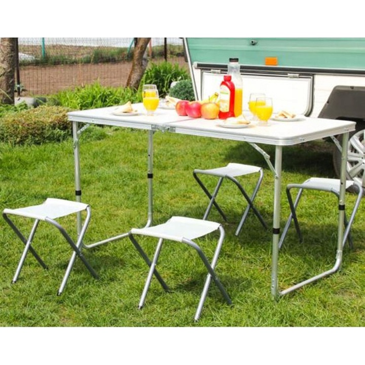Set masa pliabila de camping din aluminiu cu 4 scaunele, inaltime reglabila
