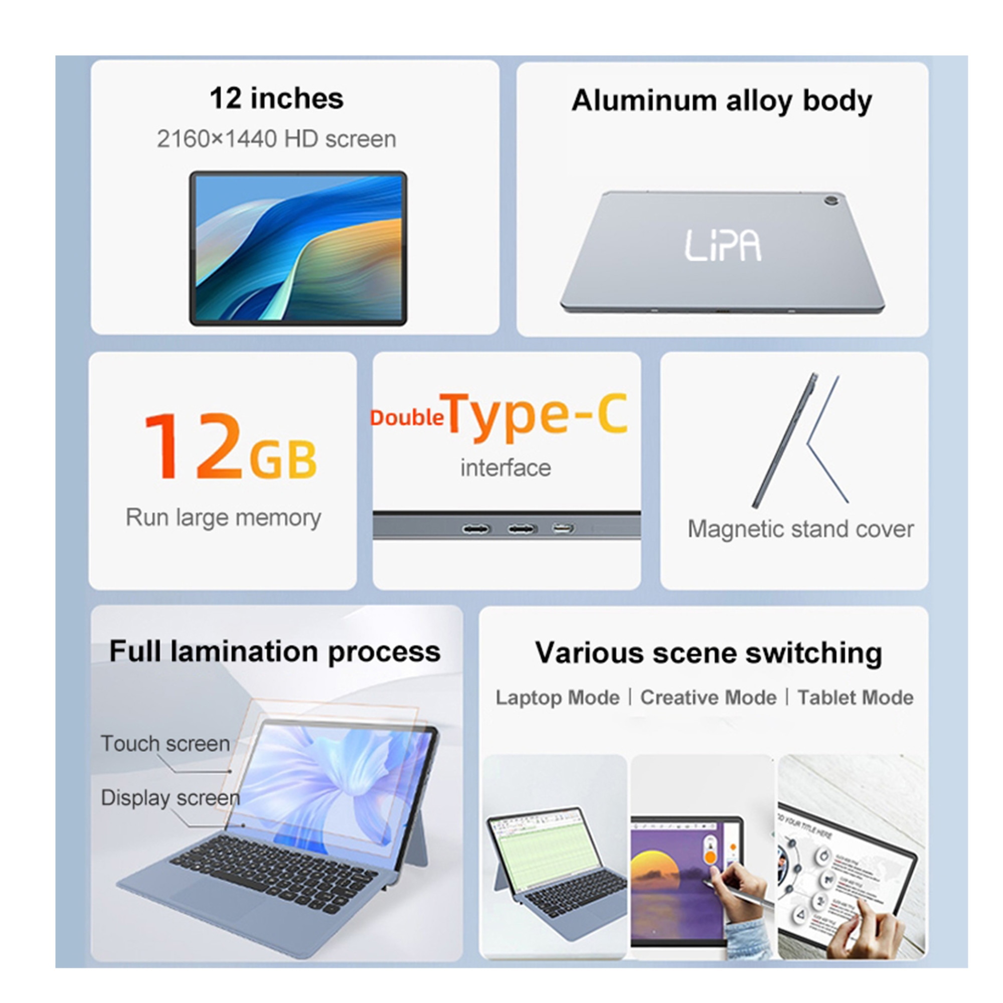 Tableta Lipa Jumper V12, 12.2 inch, Intel N4100, 12GB RAM, 256GB stocare, Windows 11, Negru